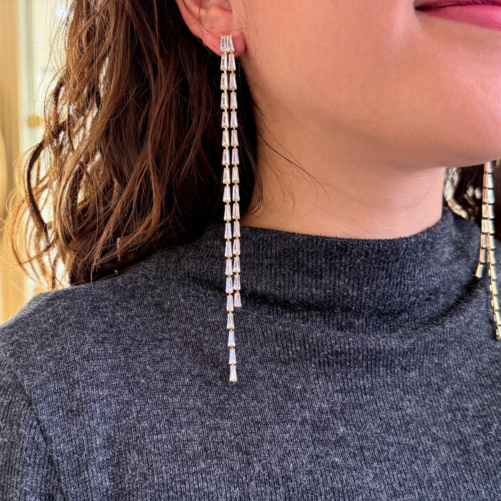 Baguette long zircone gold plated earrings