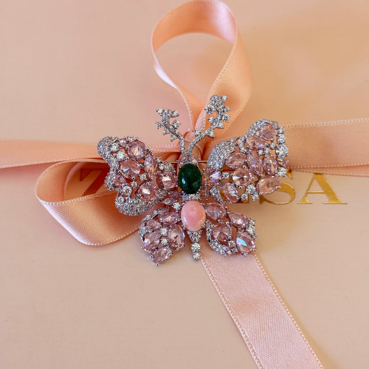 Butterfly pink and green silver brooch