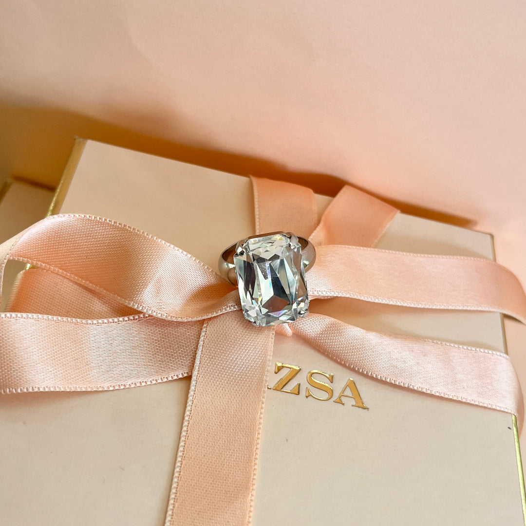 Swarovski crystals rectangular white gold plated ring