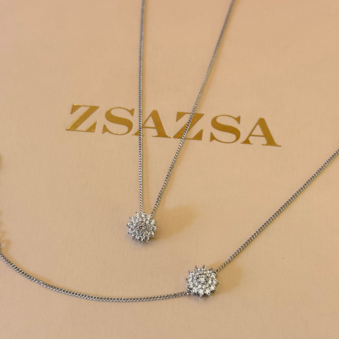 Dainty flower zircone silver pendant and bracelet