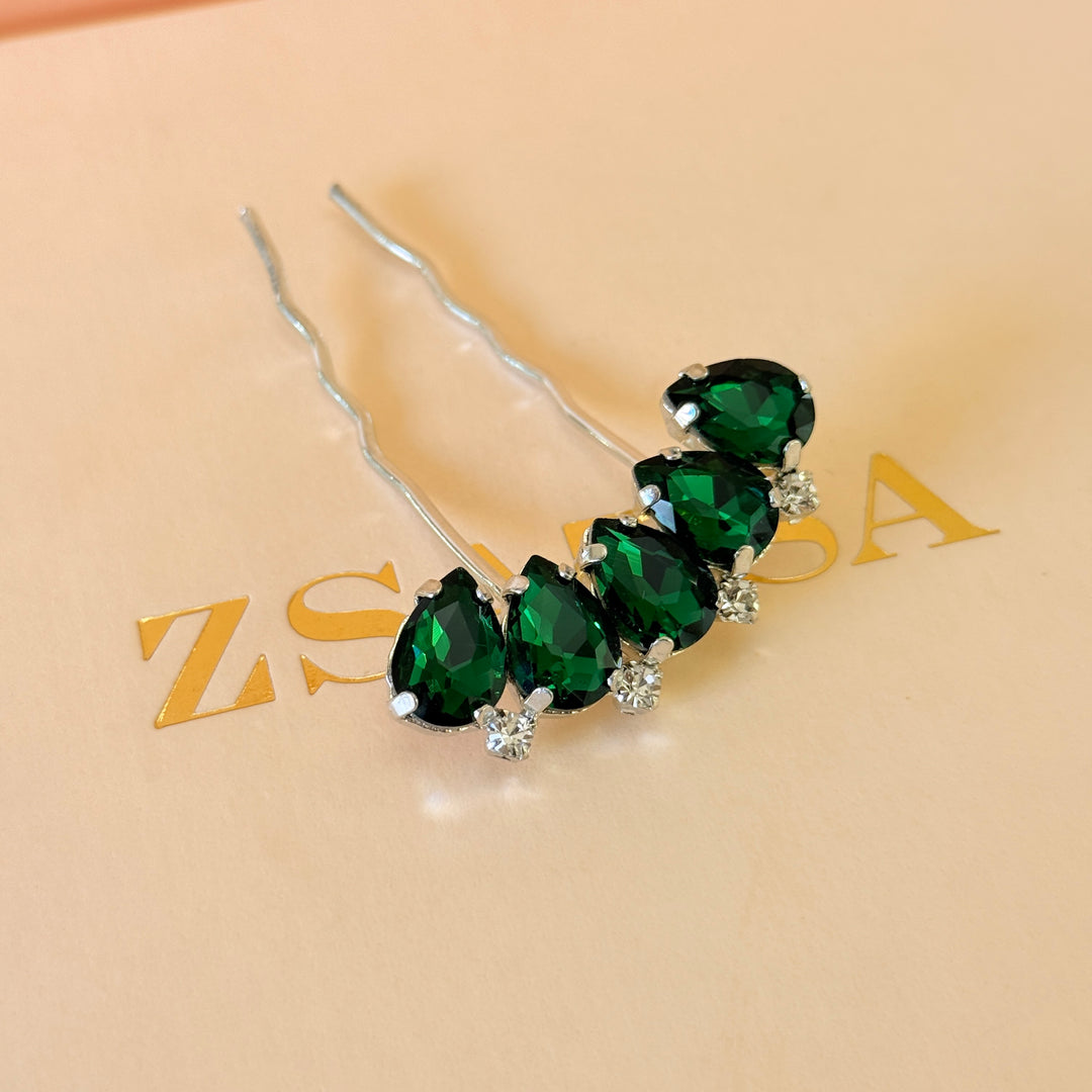 Preciosa crystals teardrop dark green silver hair pin