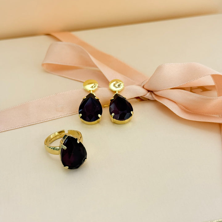 Teardrop plum Swarovski crystal earrings and ring