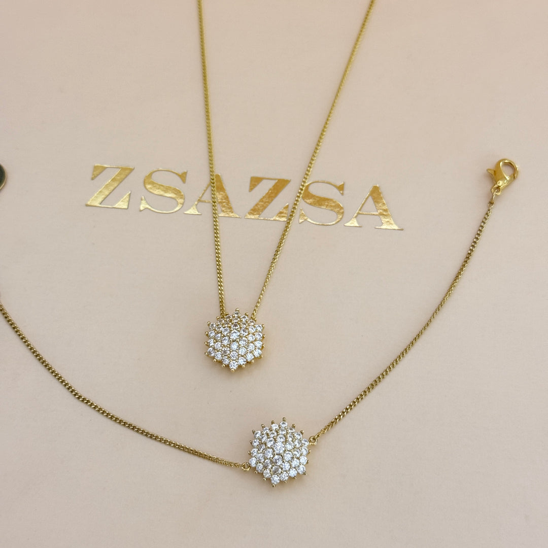 Zircone flower gold plated pendant & bracelet