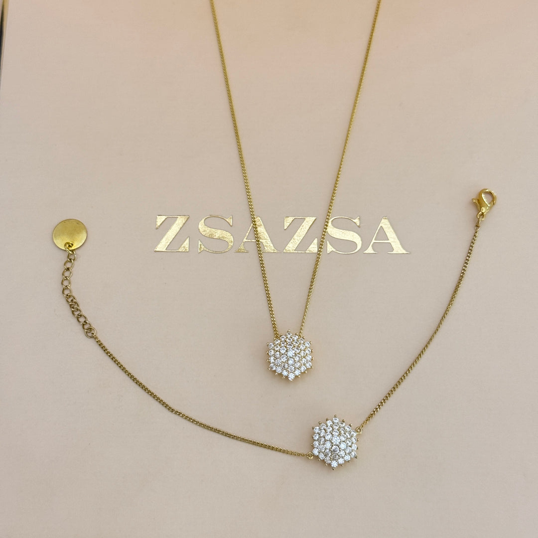 Zircone flower gold plated pendant & bracelet