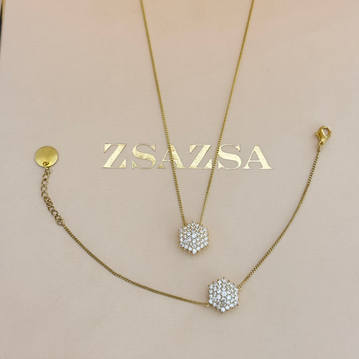 Zircone flower gold plated pendant & bracelet