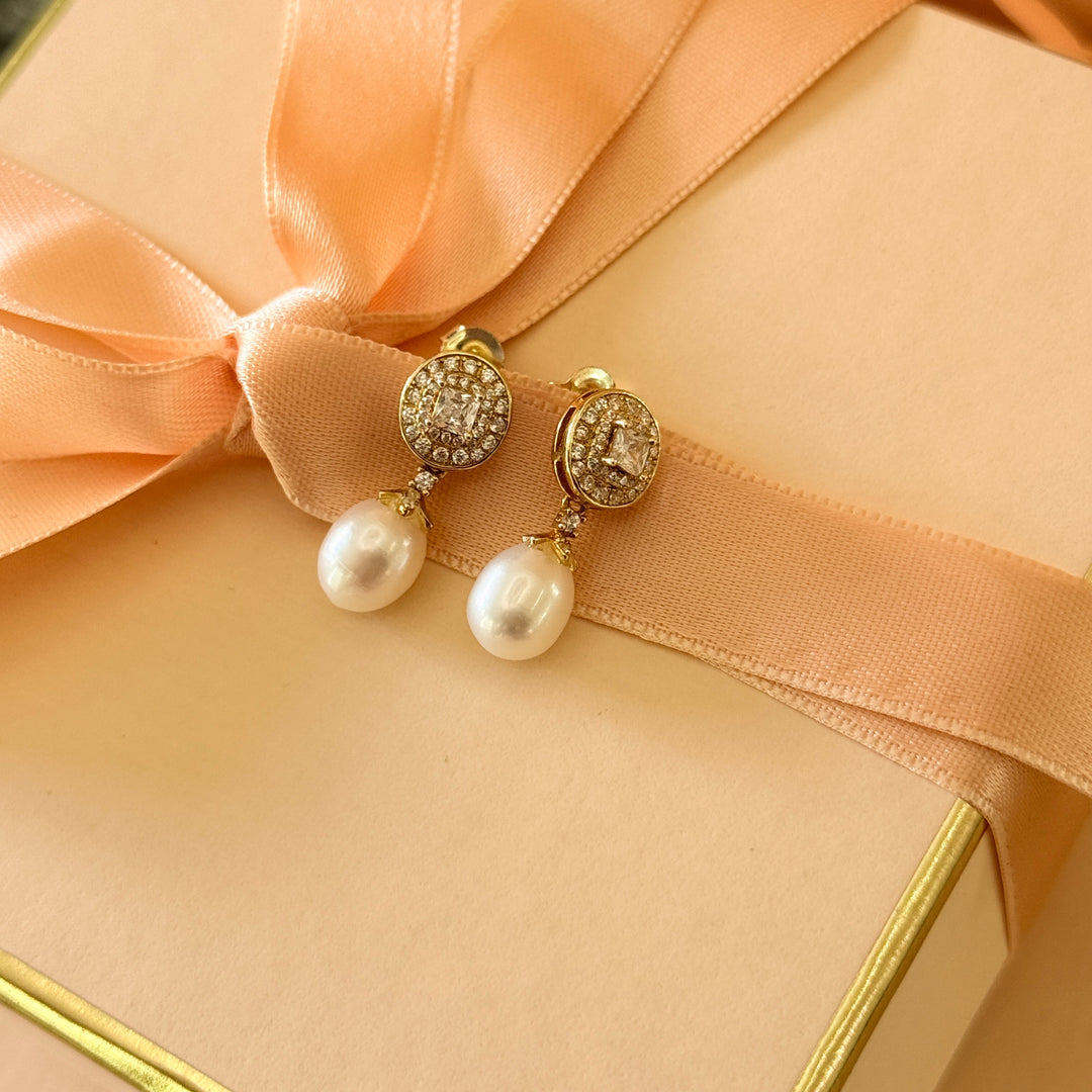 Square zircone and pearl sterling silver gold plated earrings