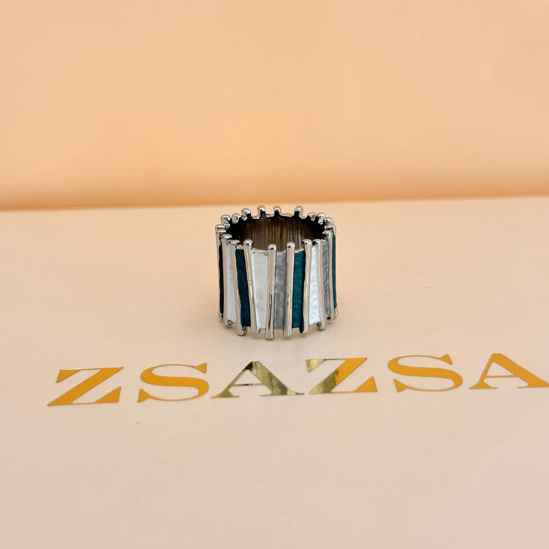 Blue, grey and white silver enamel earrings and ring