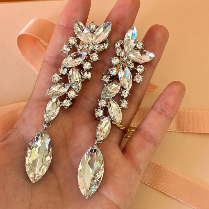 Marquise silver long clip on earrings