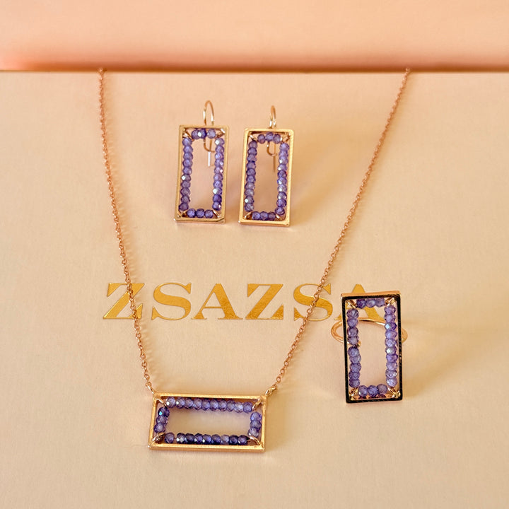 Beads purple handmade rectangular rose gold plated set