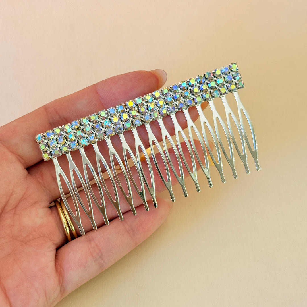 Rhinestone 3 rows aurora borealis silver comb