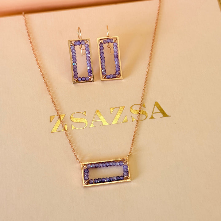 Beads purple handmade rectangular rose gold plated set