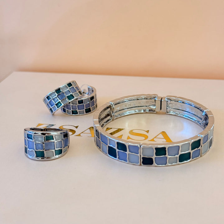 Blue, green & grey silver Enamel Set