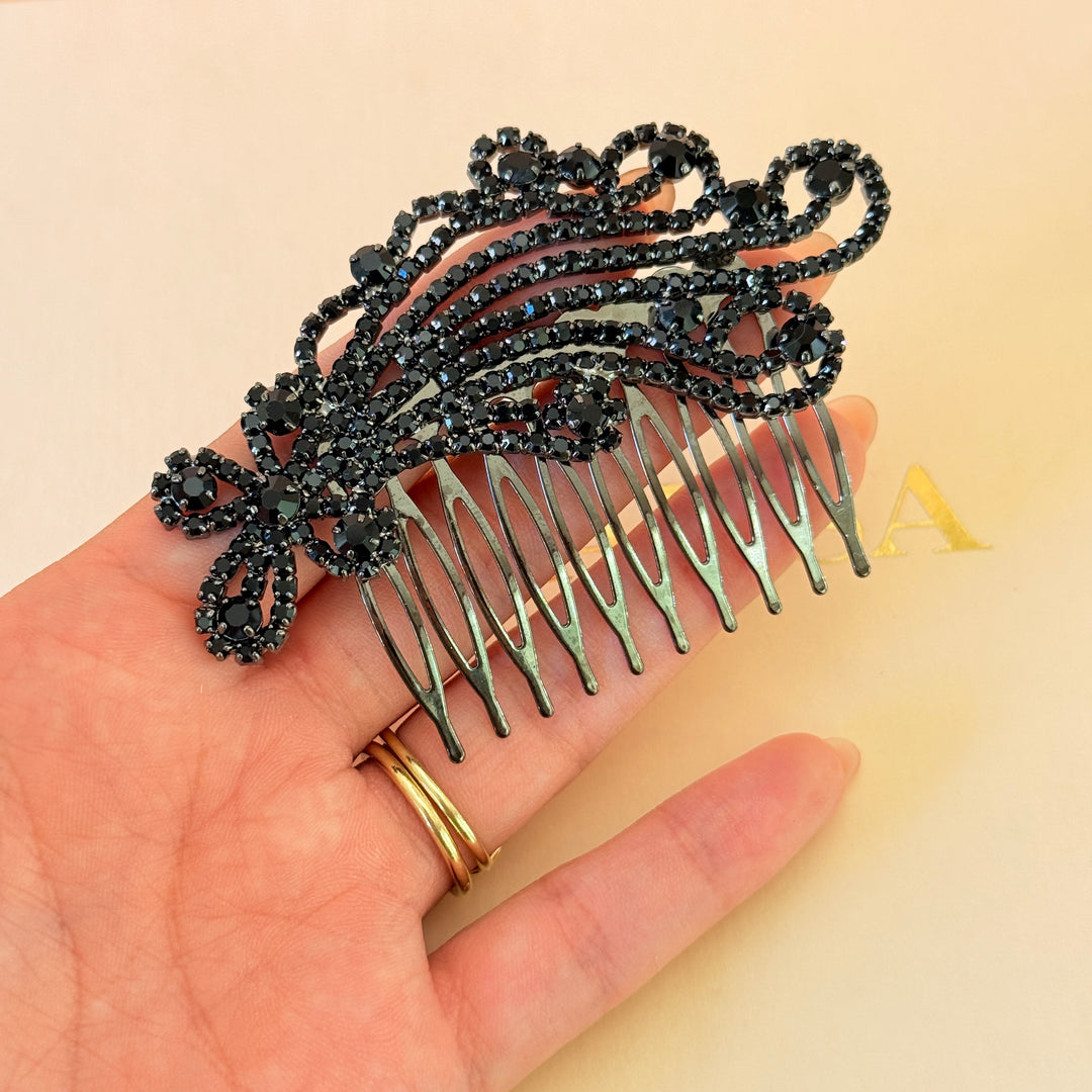 Rhinestone black flower comb