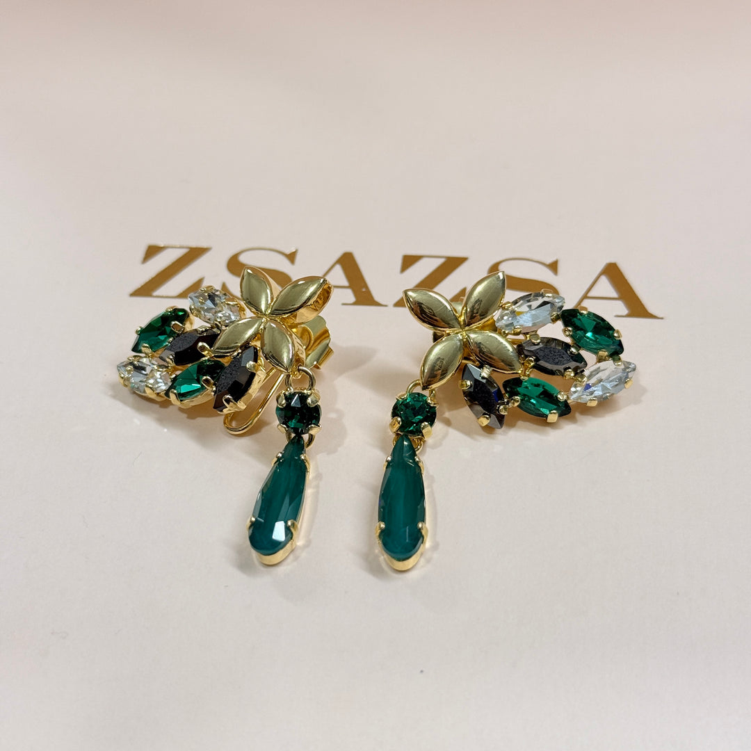 Green and grey Swarovski crystals gold plated earrings