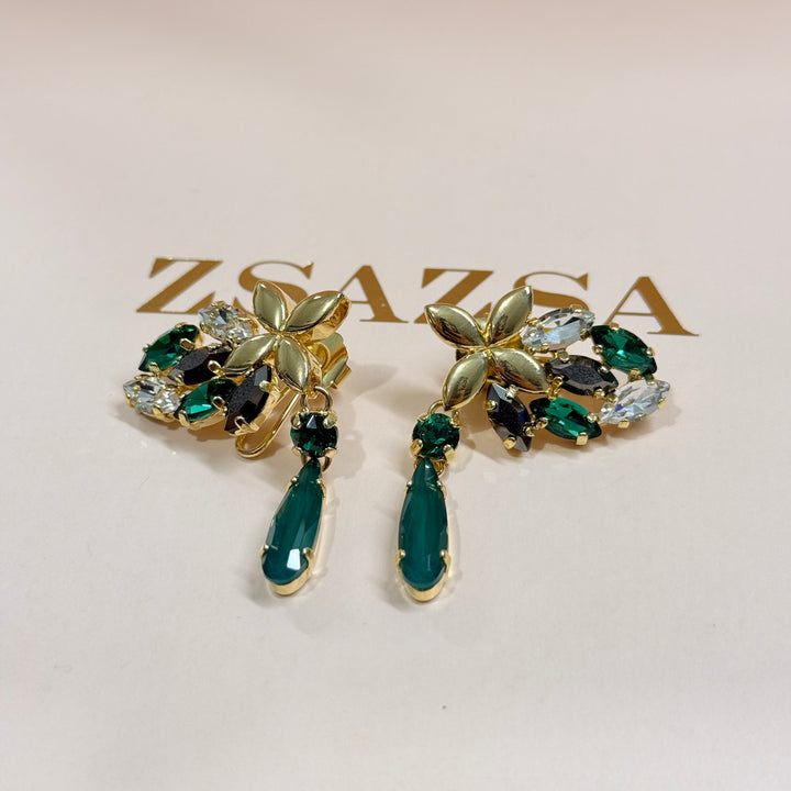 Green and grey Swarovski crystals gold plated earrings
