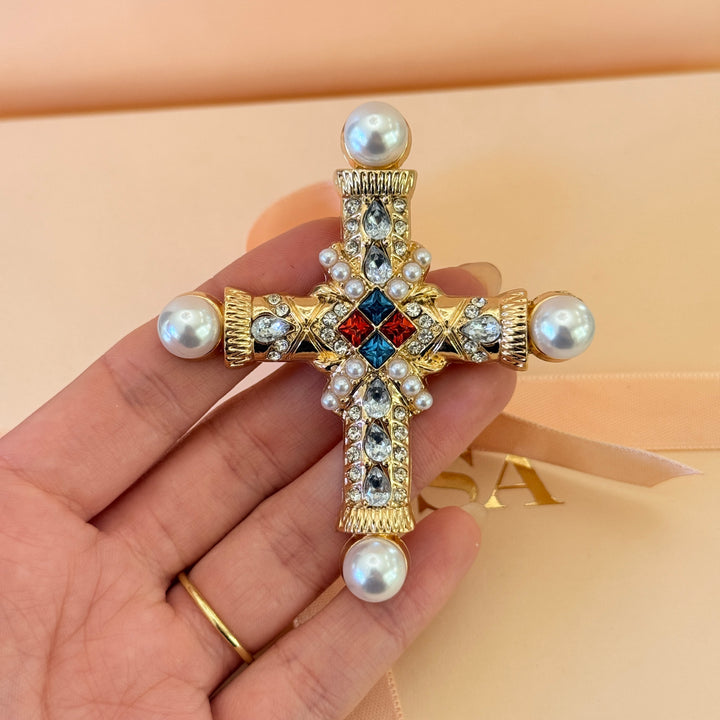Cross pearl and rhinestone gold plated brooch