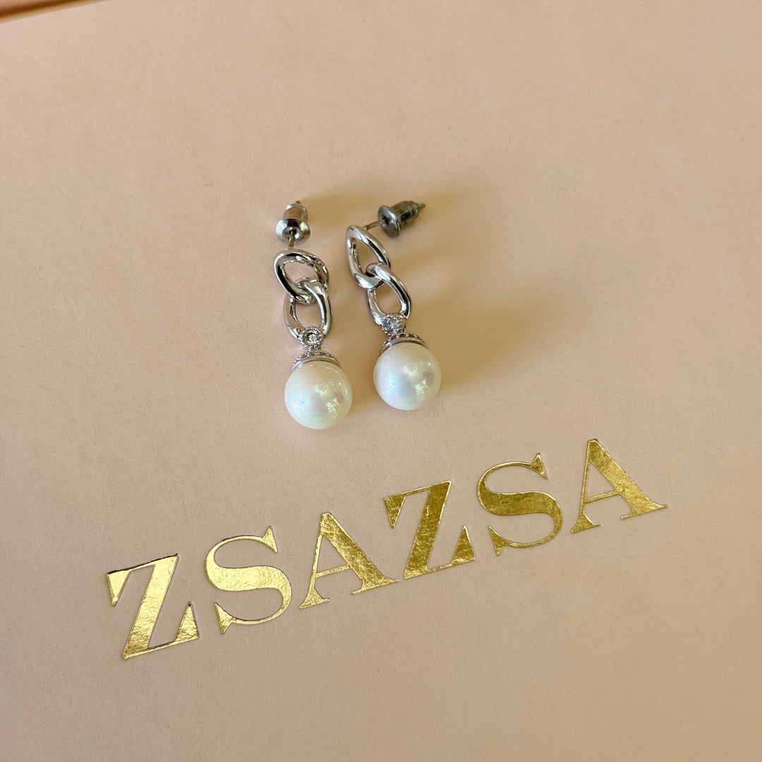 Swarovski crystals Mallorca pearls chain silver earrings