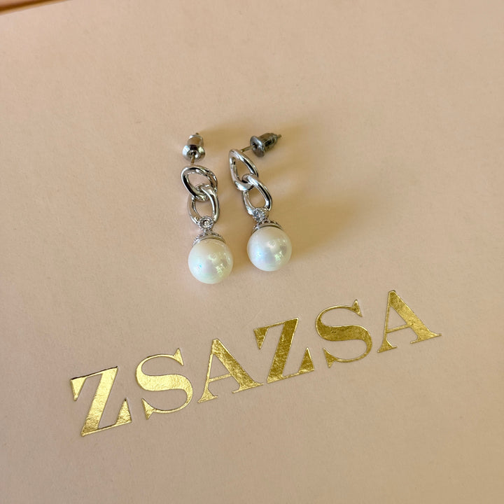 Swarovski crystals Mallorca pearls chain silver earrings