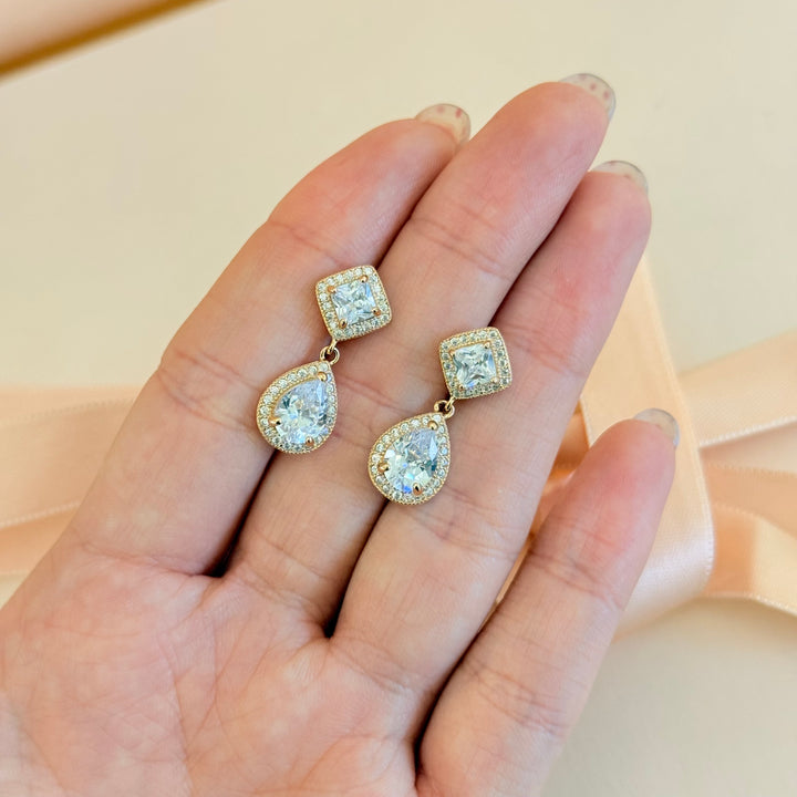 Square & Teardrop Zircone gold plated Earrings