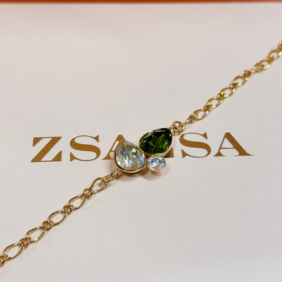 Multi green Swarovski crystals gold plated necklace and bracelet