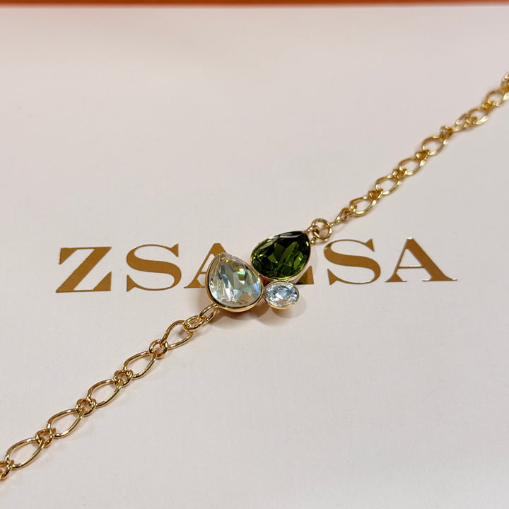 Multi green Swarovski crystals gold plated necklace and bracelet