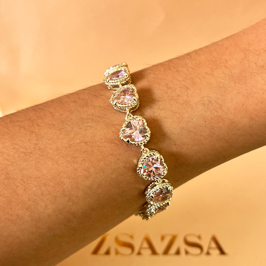 Light pink heart zircone gold plated necklace and bracelet