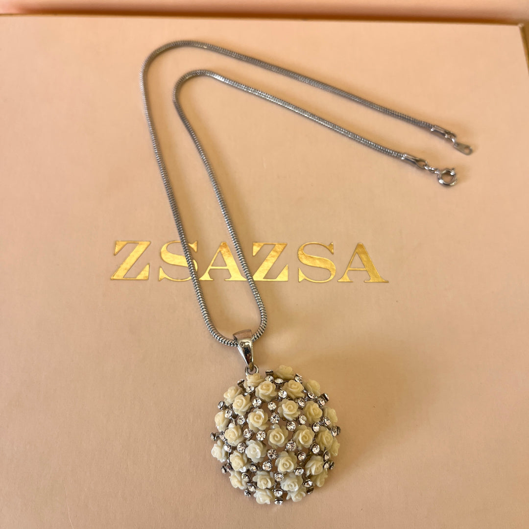 Swarovski crystals and roses white gold plated pendant
