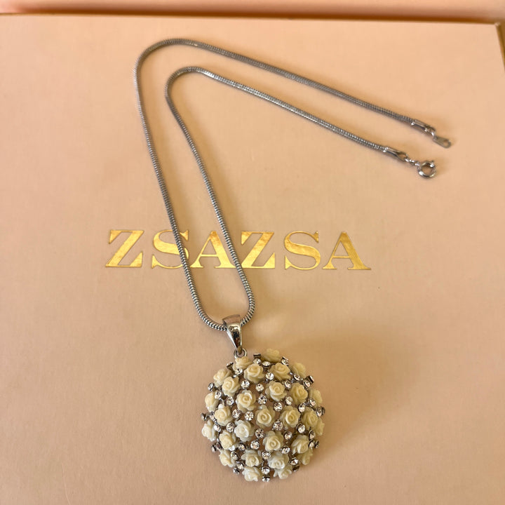 Swarovski crystals and roses white gold plated pendant