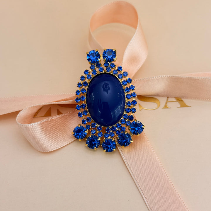 Royal blue preciosa crystals gold plated brooch