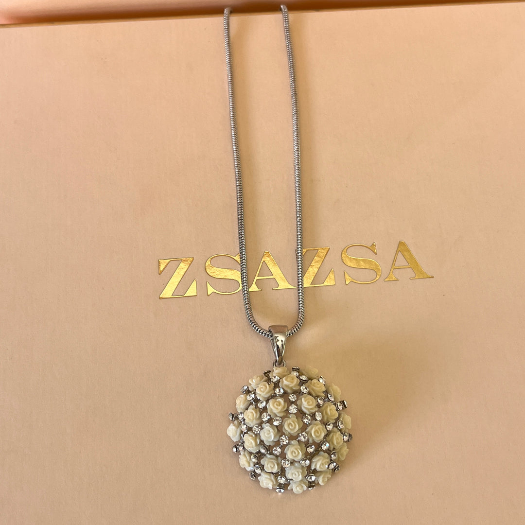 Swarovski crystals and roses white gold plated pendant
