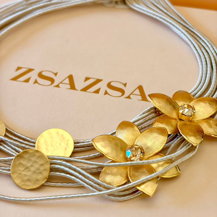 Handmade Floral Gold with Strand Cord Necklace | Gold Plated | ZsaZsa