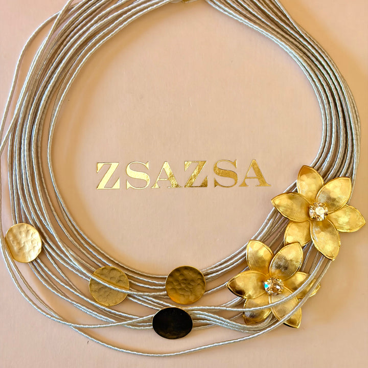 Handmade Floral Gold with Strand Cord Necklace | Gold Plated | ZsaZsa
