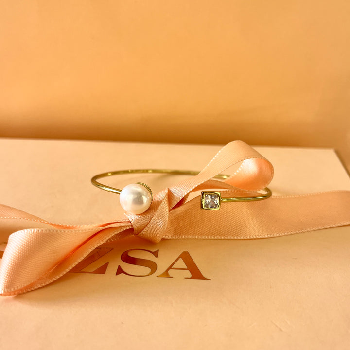 Square zircone and fresh water pearl gold plated sterling silver bangle