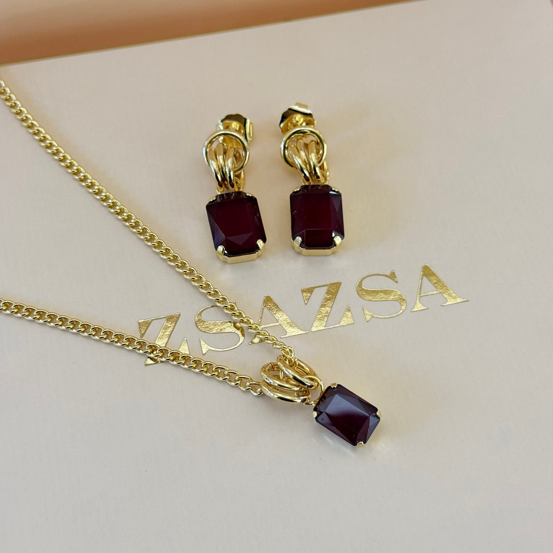 Rectangular Plum Swarovski crystals gold plated set