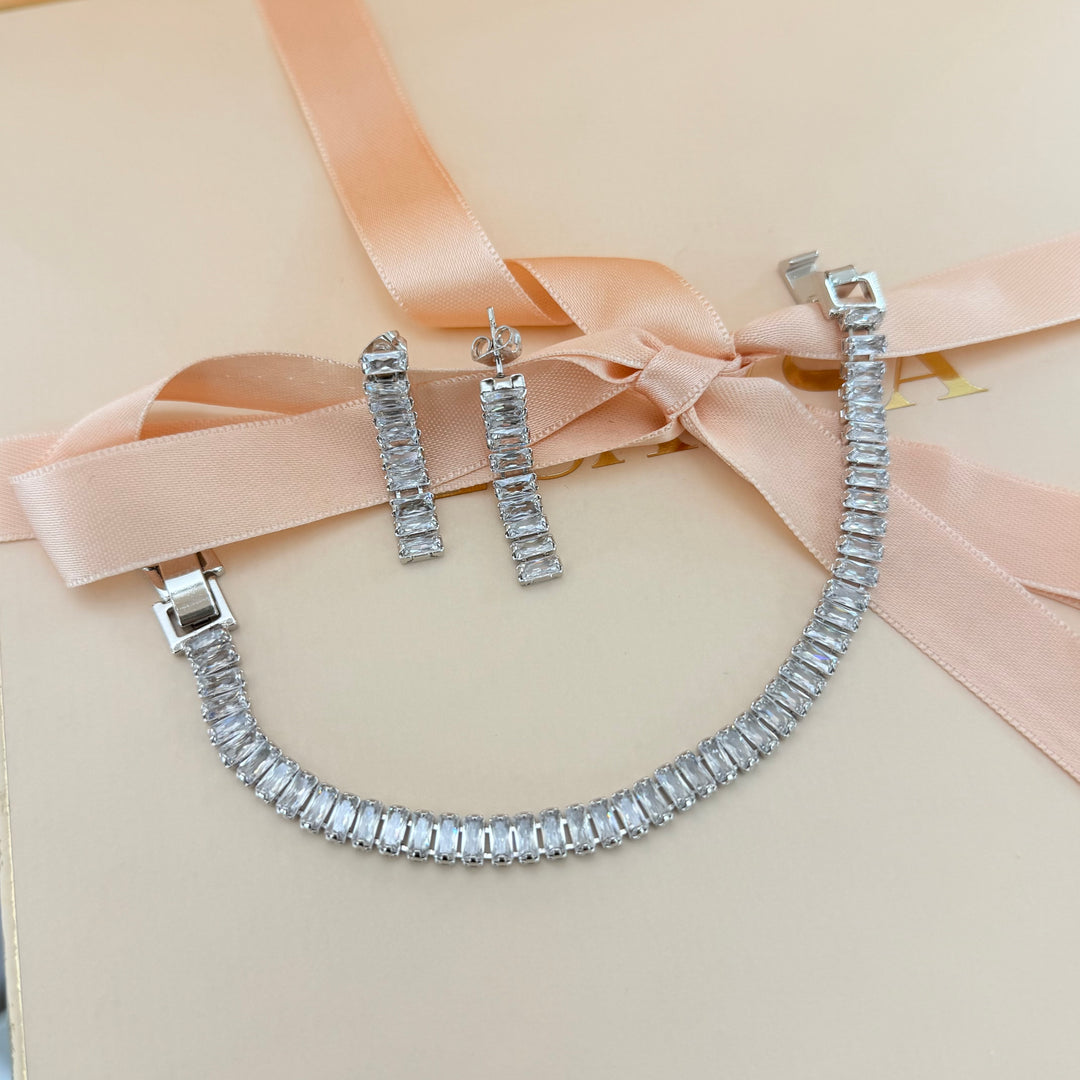 Baguette zircone silver earrings and bracelet