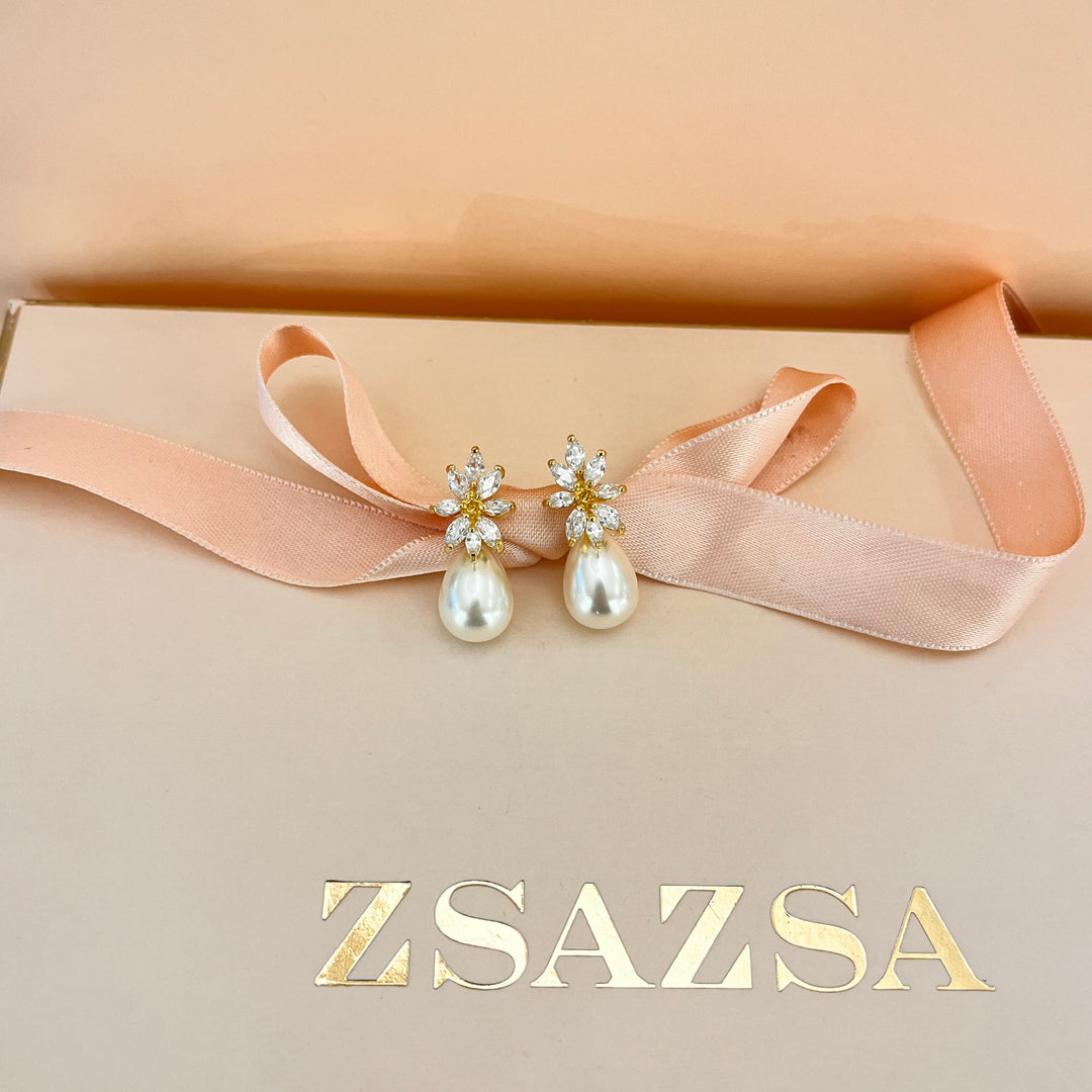 Marquise zircone and cream pearl gold plated earrings