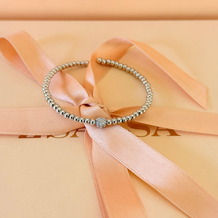 Dainty ball plain and zircon silver bangle