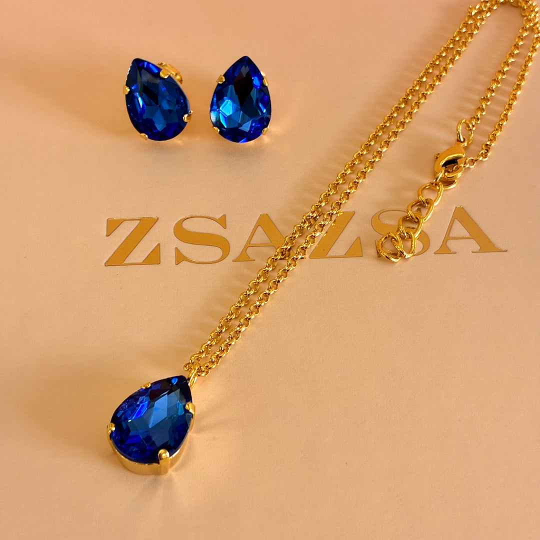 Teardrop royal blue Preciosa crystals gold plated set