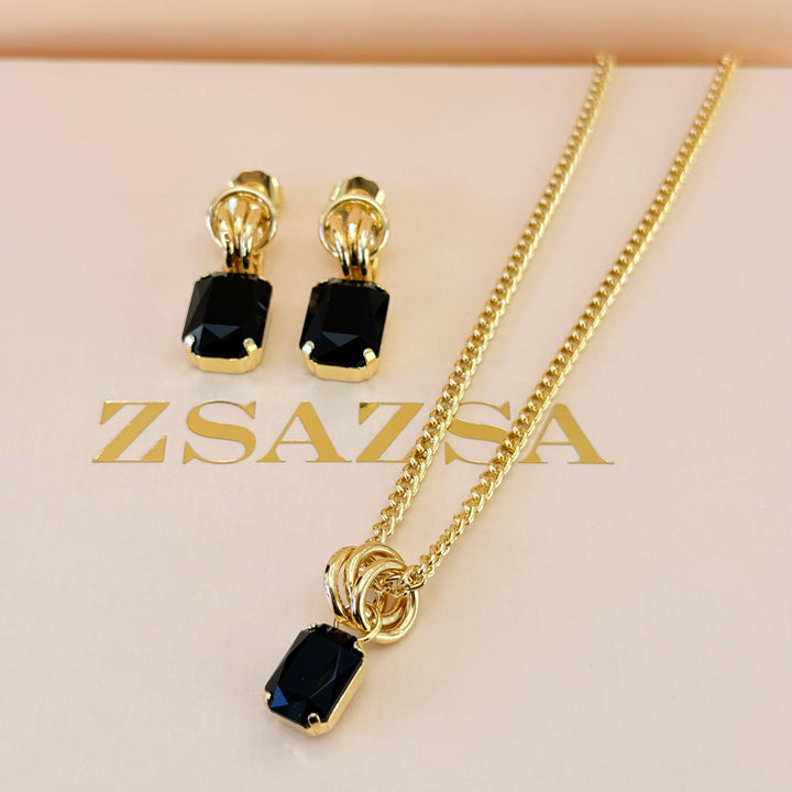 Rectangular black Swarovski crystals gold plated set