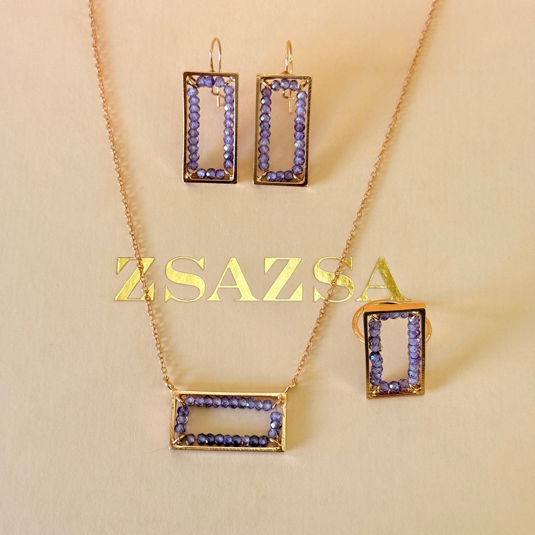 Beads purple handmade rectangular rose gold plated set
