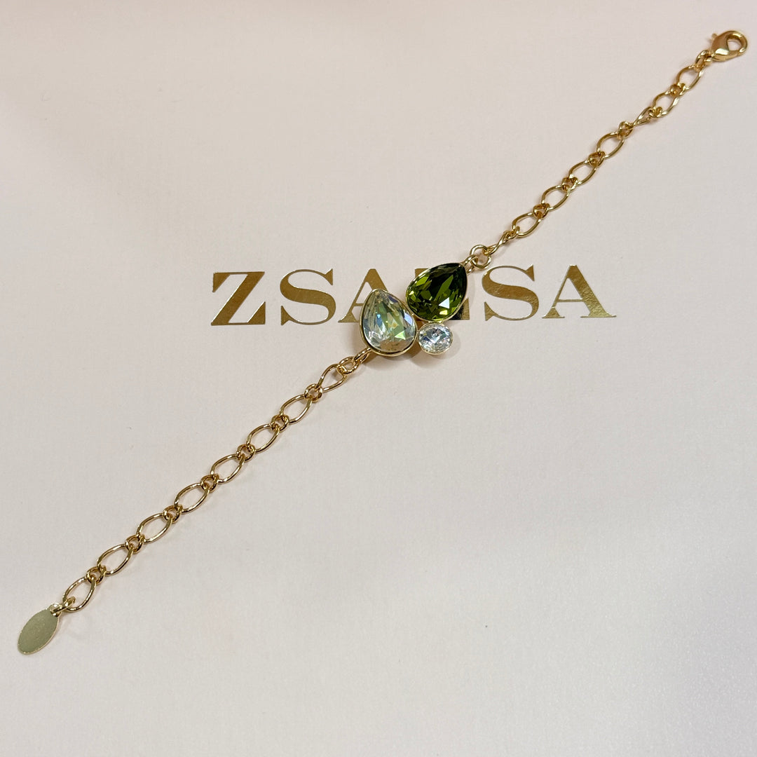Multi green Swarovski crystals gold plated necklace and bracelet