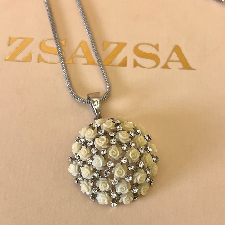 Swarovski crystals and roses white gold plated pendant