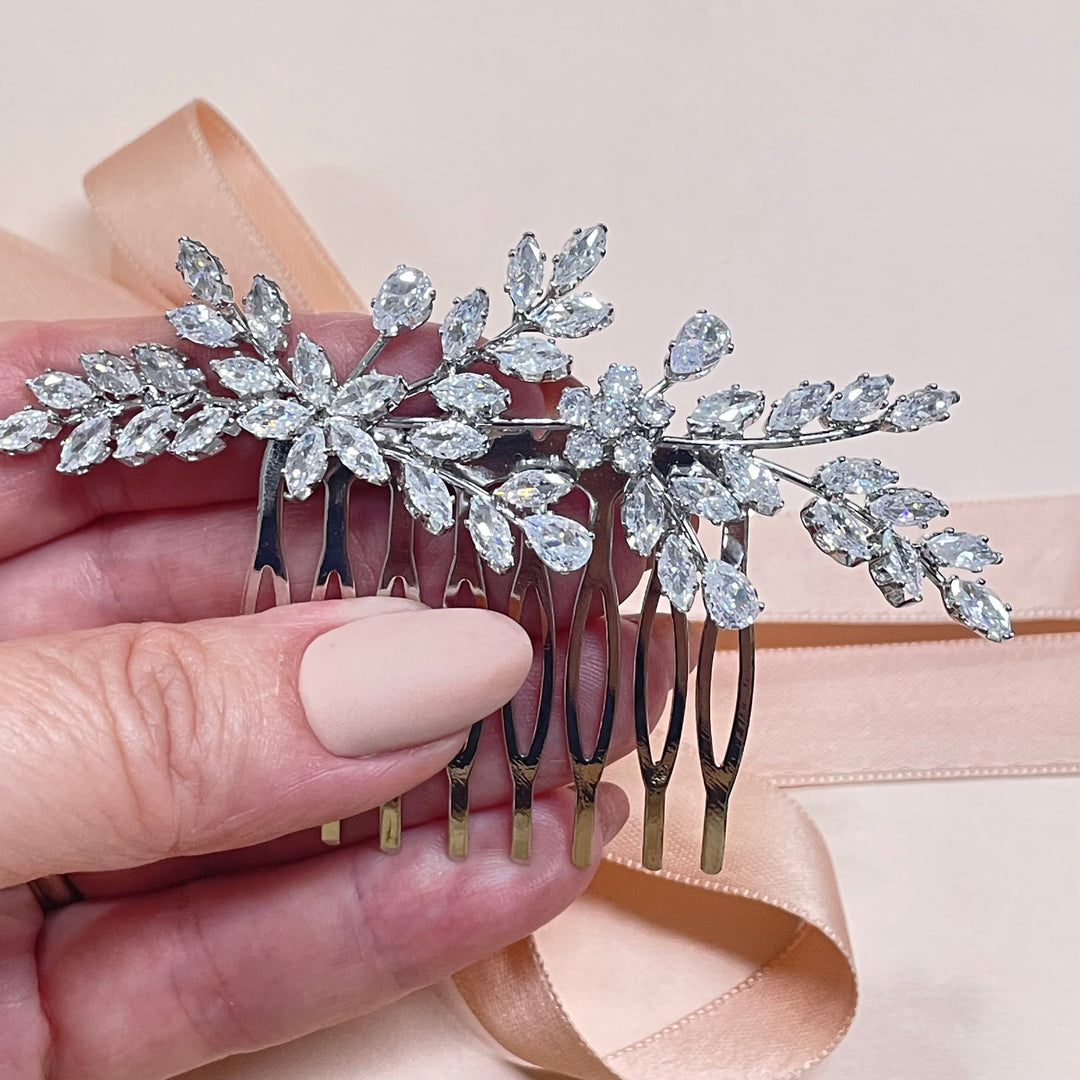 Silver flower marquise cubic zircone comb