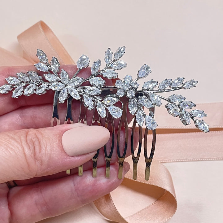 Silver flower marquise cubic zircone comb