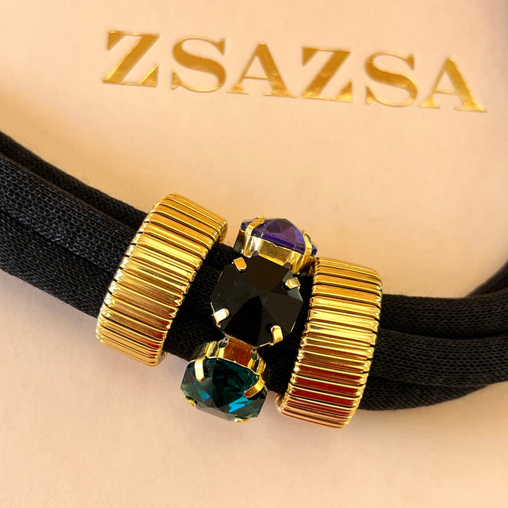 Black silk cord necklace with multicolour Swarovski crystals