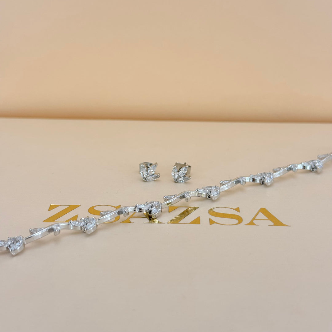 Dainty marquise zircone silver earrings and bracelet