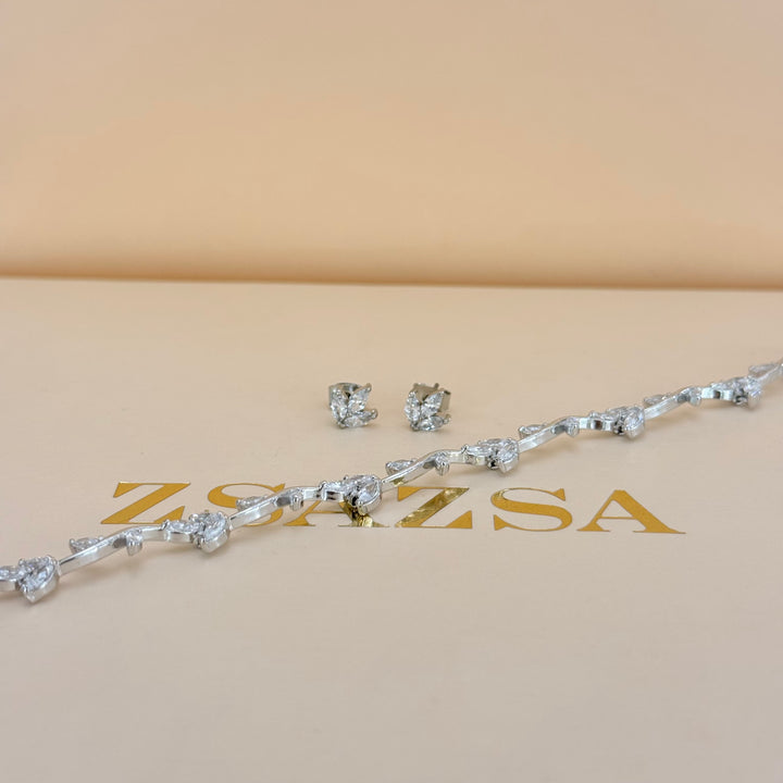 Dainty marquise zircone silver earrings and bracelet