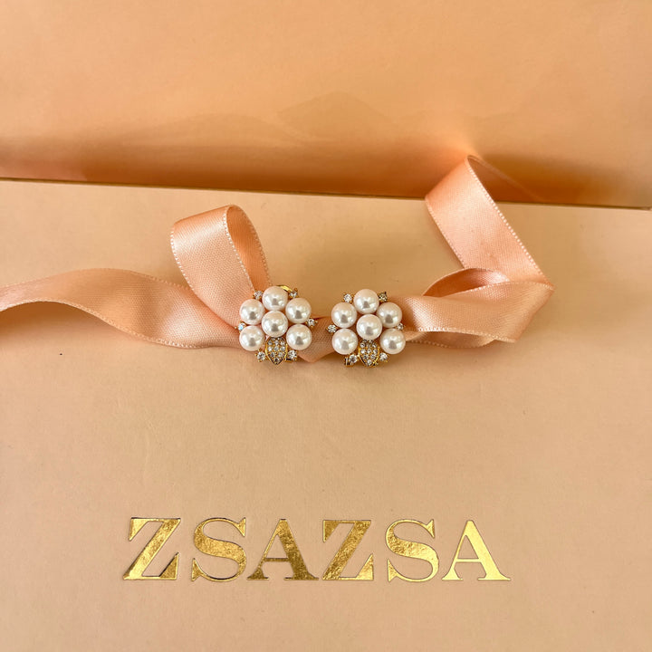 Zircone and white pearls gold plated earrings