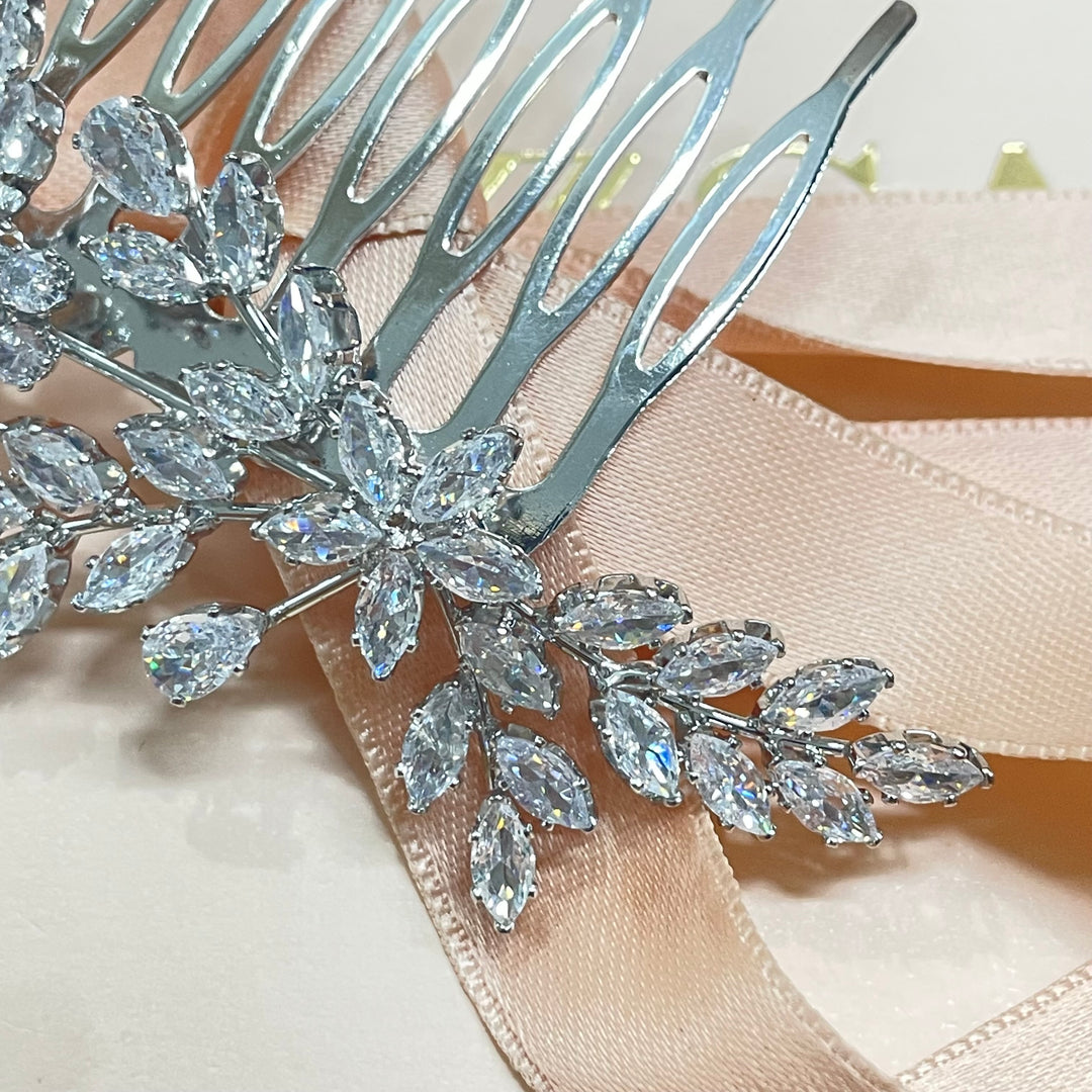 Silver flower marquise cubic zircone comb