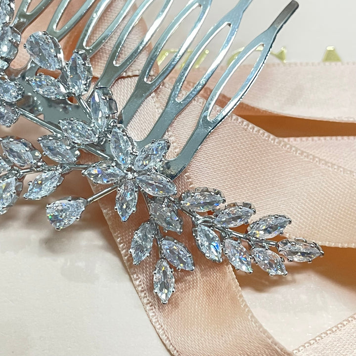 Silver flower marquise cubic zircone comb